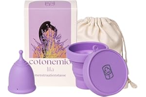 Cotonemio Juego de copas menstruales moradas con esterilizador (paquete de 3, 100% silicona médica, sostenible, sin BPA, sin plástico, hasta 12 horas (bolsa de algodón esterilizador de copa menstrual)