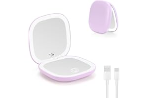 Collazoey LED Espejo de Maquillaje, 1X/10X Aumentos, USB Recargable Aumento, 3 Luces Ajustable Pequeño, Interruptor Magnético Plegable Espejo Bolso, Portátil Viaje (Morado)