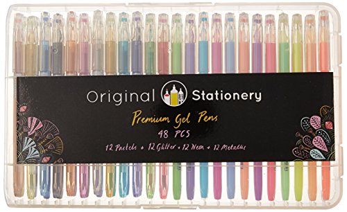 Original Stationery Juego de bolígrafos de Gel para Adultos – Punta Fina sin derrames – Metálico, Purpurina, Fluorescente, Tiza Líquida – 48 Colores