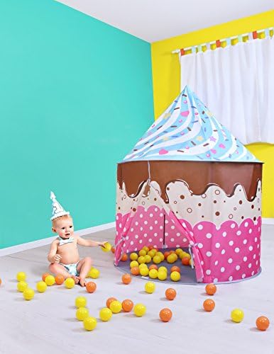 SUGAR Q® Cake™ Large Portable Folding Pop-Up Aqua Pink Polka Dots Cupcake Play Tent Playhouse Play Hut Ball Pit Ball Pool Castle Toy, Kids Girls/Boys Birthday Gift Party Indoor/Outdoor Non-Toxic/Odor-Free