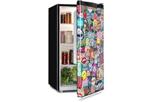 Klarstein Cool Vibe Kühlschrank, Volumen: 90 Liter, VividArt Concept: Tür mit Manga-Comic-Design Print, Crisper Fach, Geräuschentwicklung: 42 dB, schwarz