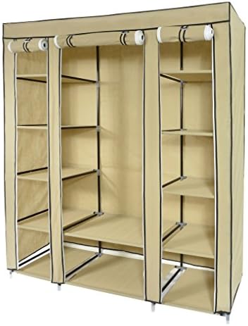 Lyndan - Waitomo Beige Triple 3 Door Fabric Wardrobe Closet Canvas Storage Tidy Rail Clothing Clothes Garment Organiser Cupboard with 5 Coat Hangers and Shoe Rack Shelves