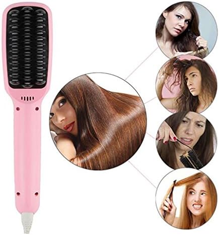 Electric Hair Straight Brush Ceramic Hair Straightener Brush Straightening Flat Iron LCD Display 5 Levels Control 110V-220V Comb,Pink