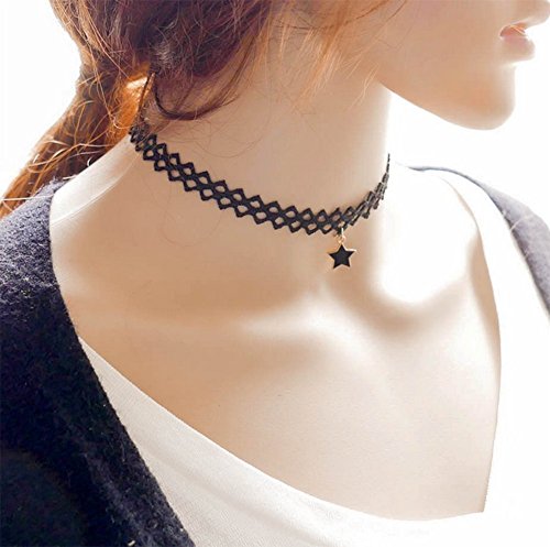 hosaire Collier für Damen Mädchen, Schwarz Classic Anhänger mit fünfzackigem Stern Spitze Tattoo lace-best Dekoration für Sommer Kleid - 3