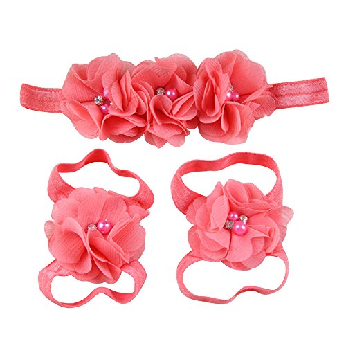 Sanwood Baby Girl Chiffon Rhinestone Foot Flower Barefoot Sandals Headband Set (Watermelon Red)
