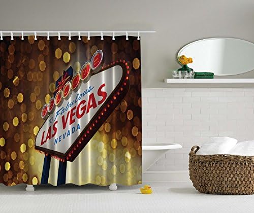 Las Vegas Strip Digital Graphic Technology Shower Curtain Welcome Sign Design Water, Soap, and Mildew Resistant Machine Washable and Ring Hooks Are Included