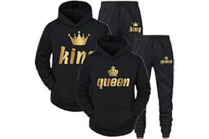 Minetom Pärchen Sportanzug King Queen Pullover Kapuzenpullover Hoodie Valentinstag Liebespaar Couple Damen Herren Jogginganzug Oberteile und Hose Set für Paare