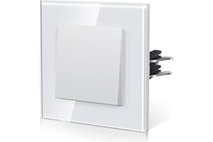 BSEED Interruptor de luz Con Cristal,Interruptor luz pared con Garfio,interruptor conmutador,Botón Pulsador,Fácil Instalación,E-Series,1 Gang 1 Vía,86mm Blanco