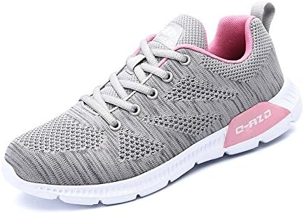 DADAZE Women's Running Shoes Lightweight Lace-up Trainers Mesh Gray with Pink UK 3.5