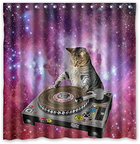 Cool Galaxy DJ Cat Funny Animal Pet Printed 180x180 cm Waterproof Polyester Fabric Shower Curtain