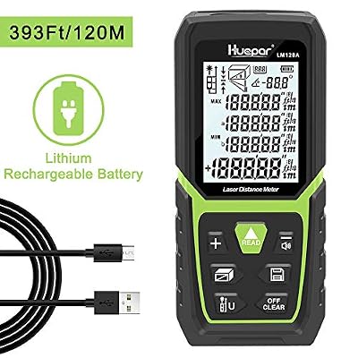 Huepar Télémètre Laser 120m de Haute Précision avec Batterie Li-Ion et Capteur D'angle Électronique, Écran LCD Rétro-Éclairé, Modes de Mesure Multiples M/In/Ft, Pythagore, Distance, Volume-LM120A