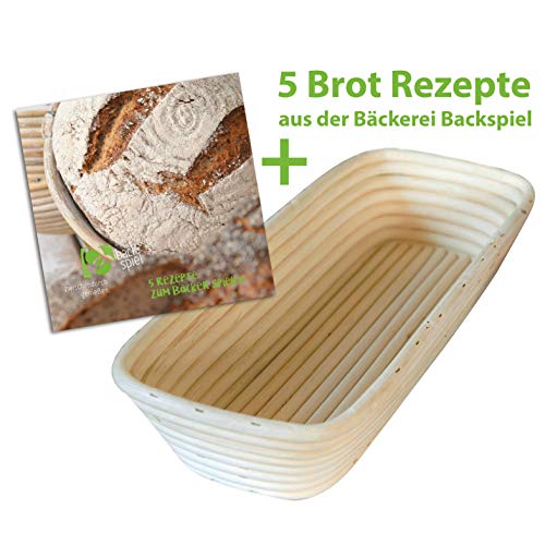 Backspiel Gärkörbchen eckig Brotgärkorb oval Korb länglich für Brot und Teig naturbelassene Schale mit Brotrezepte eBook Rattan Brotkorb 36x15x7cm Brotgärform Peddigrohr natürlich Brot-Form