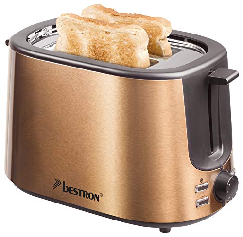 Bestron Grille-pain avec 2 fentes pour griller des toasts, Tiroir ramasse-miettes et gril intégrés, 1 000 W, Design Acier inoxydable/cuivre