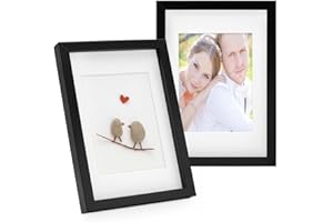 PHOTOLINI 3D cornici A4 21x30 cm nero, cornice profonda con vetro e passe-partout, set di 2 cornici per oggetti fino a 1,5 cm di profondità, legno MDF - perfetta per il fai da te e come regalo