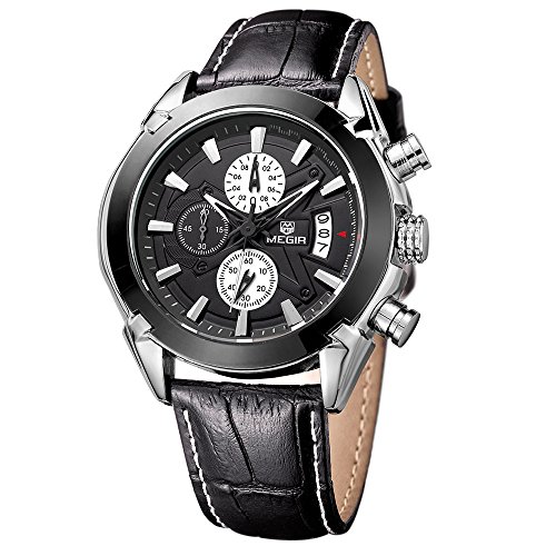 megir Herren Sport-Uhr schwarzes Lederband Chronograph Datumsanzeige Quarzuhrwerk Armbanduhr megir Herren Sport-Uhr schwarzes Lederband Chronograph Datumsanzeige Quarzuhrwerk Armbanduhr