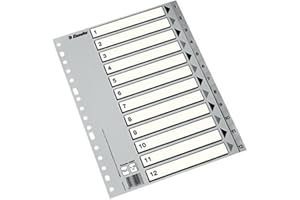 Esselte Índices numéricos de plástico, PP, Tamaño A4, Tipo 1-12, Gama ECO, Gris, 49209