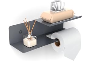 Rainsworth Grande Porta carta igienica con doppio ripiano, Portarotolo carta igienica con porta salviette umidificate, Portarotolo 30x10 cm, da forare e autoadesivo, Grigio