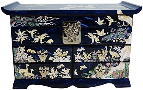 Large Blue jewellery box, Trinket / genuine mother of pearl decorations, asian design, crafts Korean. Many storages and mirror.