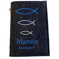 Gotteslob hülle mit Namen aus filz Fisch Blautöne