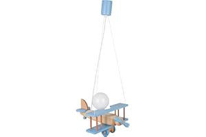HELLUX Kinderzimmer Lampe Decke aus Holz | Deckenleuchten für Kinder | Kinderlampe Decke 70x29x32cm für Babyzimmer | Flugzeug Lampe E27 ohne Leuchtmittel (Blau/Naturholz)