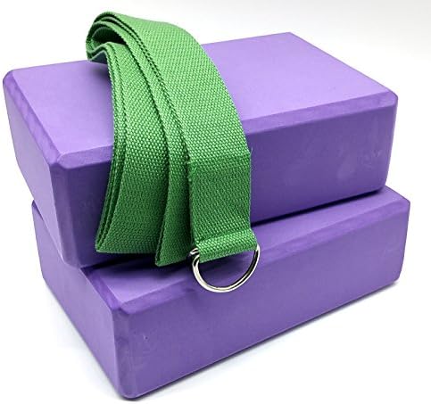 2 Premium Yoga Blocks + Metal D Ring Strap Yogi Set (3pc) High Density Sweat & Odour Resistant EVA Foam Lightweight Pilates Prop Bricks, Improve Poses, Stretch Flexibility, Strength, & Balance Support