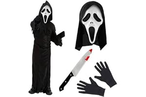 LOVETRENDS Barn skrikdräkt – svart rock med huva med ansiktsmask, svarta handskar och plastkniv – barn halloween spöke TV-film maskeraddräkt