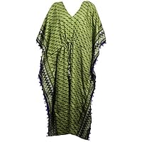 Mogul Interior Womens Green Kaftan Maxi Dress Silk Sari Bohemian Lounge Wear Beach Caftan 3XL