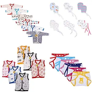 Fareto New Born Baby Daily Wear Essential Items in Single Pack 6 Baby Vest/6 Baby Front Open Full Sleeves Shirt/6 Teddy Print Single Layer Nappies/ 6 Pair of Mittens(0-6 Months, Multicolored)