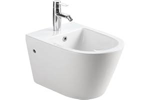 HOROW Bidet da parete con foro per rubinetto e troppopieno, bagno in ceramica bianca, bidet senza bordo, 525 x 365 x 300 mm, per bagno in ceramica bianca