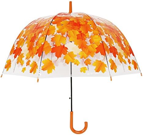 Clear Bubble Umbrella Half Automatic Flower Dome Shape Rain Umbrella - for Women and Kids (Orange Maple leaves)