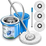 Aootek Neuf MIS à Niveau en Acier Inoxydable Deluxe 360 Spin Seau Système de Nettoyage Inclus Easypress Poignée avec 2 têtes de Balai à Franges en Microfibre, Medium