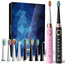 Ensemble de 2 Sonic Brosse à Dents Electrique, 5 Modes, 8 Têtes de Brosse à Dents, Intégré Smart Timer Rechargeable Brosses à Dents Pour Adultes et Enfants, 1 noir et 1 rose