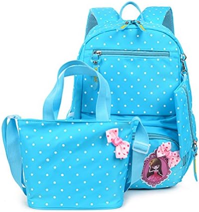 SusuTOP Set of 3 Polka Dot Girls School Backpack Bookbags/Handbag Pouch (Blue)