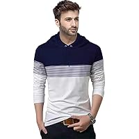 BLIVE Color Block, Striped Men's Hooded Neck Full Sleeve T-Shirt Dark Blue, White