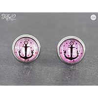 Ohrstecker Edelstahl-Cabochon 8mm-Anker maritim pink gepunktet