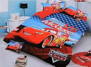 Kids Cartoon Car Glace Cotton Single Bedsheet with Pillow Cover (Multicolour)