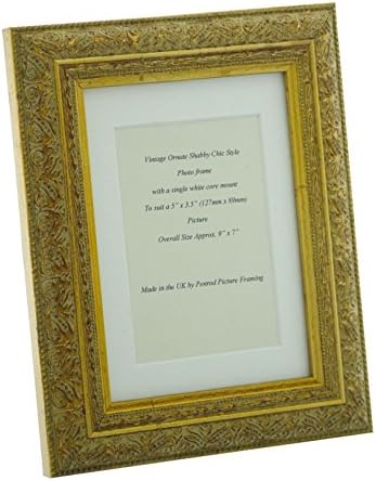 Hand made Antique Gold Shabby Chic Ornate Vintage Picture Frame 8" x 6" Overall with a Single Mount cut for a 5" x 3.5" (127mm x 89mm) Photo.