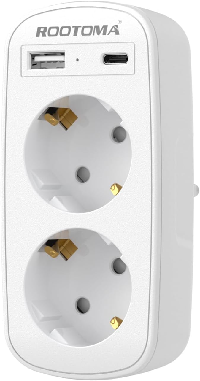 Ladrón Enchufes 4 en 1 con USB-A y USB-C, Enchufe Doble para Pared, Compacto para Familia, Cocina y Oficina, Blanco, 4000W/16A