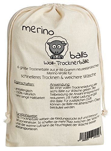 Trocknerbälle merino balls – 6 große Wollbälle aus reiner neuseeländischer Schafwolle für schnelle Trocknung und weiche Wäsche - 3
