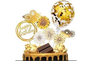 iZoeL Gold Birthday Cake Decoration Happy Birthday Cake Topper Paper Fans Banner Confetti Balloon Fireworks Golden Cupcake Topper for Gold Theme Party Decor Girl Boy Kid Women Man (Gold)