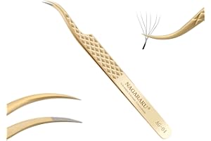 NAGARAKU Pince Volume Fibre Cils Greffage Pince Epiler Or Précision à Pointe En Fibre Russe Cils Acier Inoxydable Pointue Courbe Tweezer Prise en Main D'éventails Faciles Préfabriqués (Incurvée AG-04)