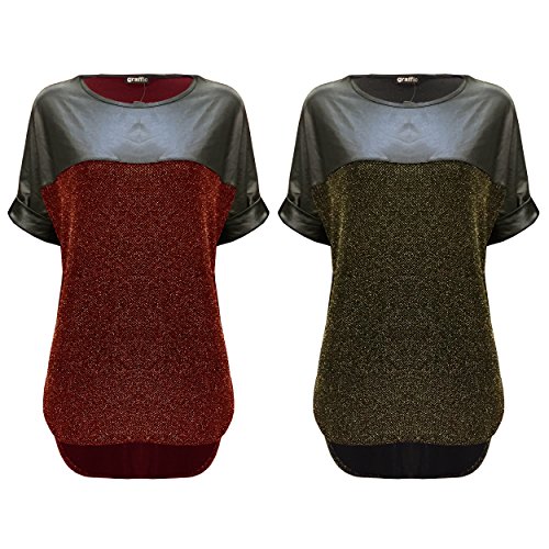 LessThanTenQuid Lurex Metallic Glitter Wet Look Rolled Up Half Sleeve Stretchy Dipped Top (Gold/Black, M/L to fit UK 12-14)