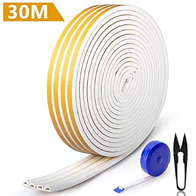 RATEL Bande de Joint 30m /98.4 pi, Auto-adhésif Joint d'étanchéité de porte pour fenêtre Anti-intempéries, Avec 1 Ciseaux et 1 Ruban à mesurer 4 joints (blanc)