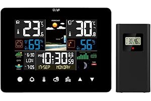 AOZBZ Stazione meteo wireless, stazione meteorologica digitale, stazione meteorologica, termometro con allarme e umidità, barometro, allarme, fase lunare, orologio meteo con sensore esterno
