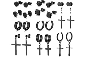 QANYE 10 Pares Hombres Pendientes, Pendientes Cruz, Pendientes Colgantes de Acero Inoxidable, Pendientes Negros Tachuelas, 10 Estilos, Pendientes Decorativos Unisex