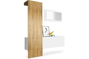 ‎VLADON Vladon Garderobe Carlton Set 4, Made in Germany, Garderobenset bestehend aus 1 Garderobenpaneel, 1 Schrankmodul und 1 Wandspiegel, Weiß matt/Eiche Natur (156 x 193 x 35 cm)