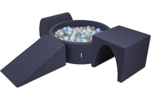 KiddyMoon Area di Gioco in Schiuma con Tondo Piscina di Palline (300 Palline) per Bambini, Blu Scuro:Perla/Grigio/Trasparente/Azzurro/Menta
