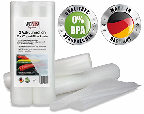 Vakuumrollen von HAUSWERK für Lebensmittel - "Made in Germany" (2 Rollen 30 x 600 cm – Sous-vide) Profi-Qualität für alle Folienschweißgeräte | Vakuumbeutel