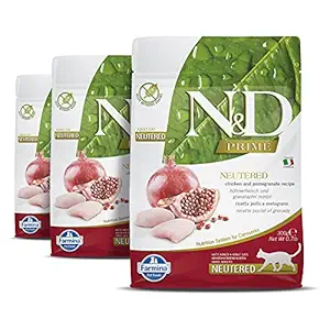 FARMINA N&D Prime - Chicken & Pomegranate - Grain Free - Cat Dry Food - Neutered Cat - Adult (Pack of 3, Each 300Gms)