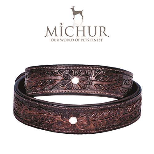 Collar para Perro MICHUR Fabio, Collar para Perro, Cuello, marrón, Cuero, con Estampado Floral y una Piedra Blanca, Disponible en Diferentes tamaños, Collar Cuero